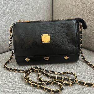MCM Black Leather Bag with Gold Chain